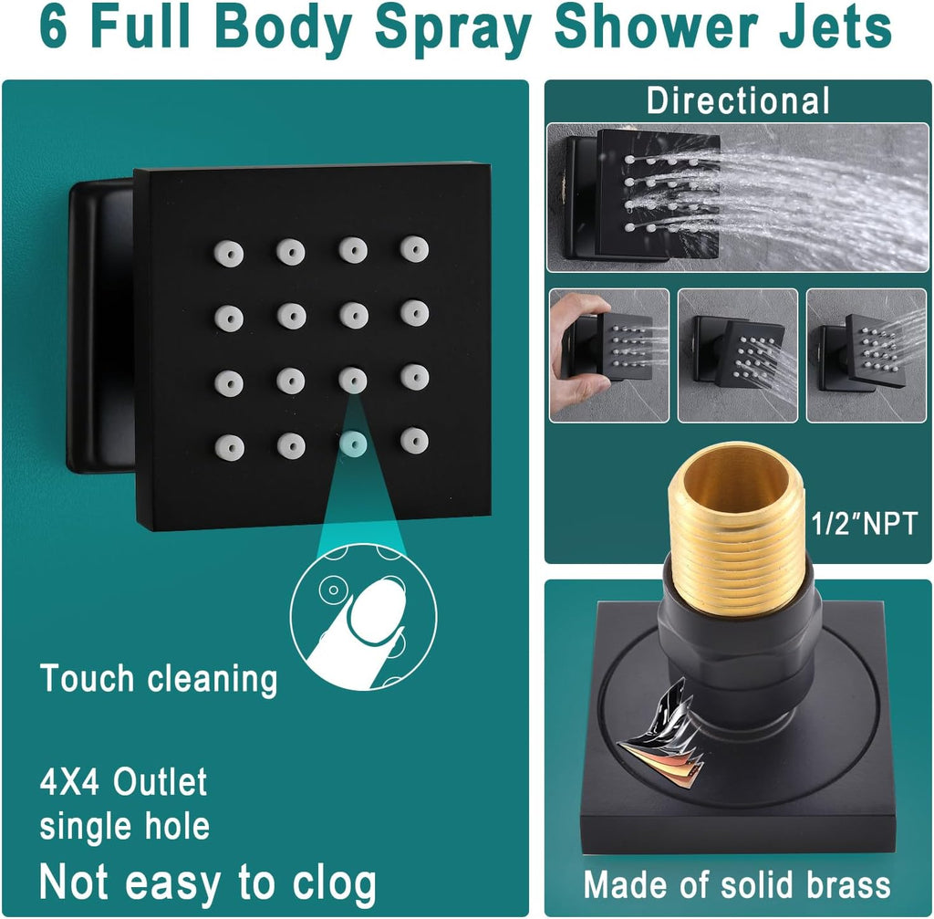HOMEDEC LED Multi Functions Full Body Shower System with 6pcs Body Jets Spray with（Up/Down ）Shower Spout, Large 3 In 1 Functions 14x20inch Showerhead, Rainfall Mist Shower Faucet Set Complete, Black