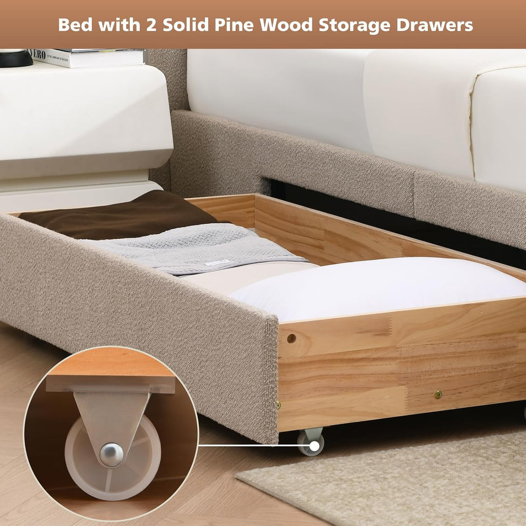VELOCAVA Queen Size Upholstered Bed Frame with 51.77' Tall Headboard and Soft Rounded Corners, Side Storage Drawers, 12-Slat Support, No Box Spring Needed, Bouclé Texture, Beige
