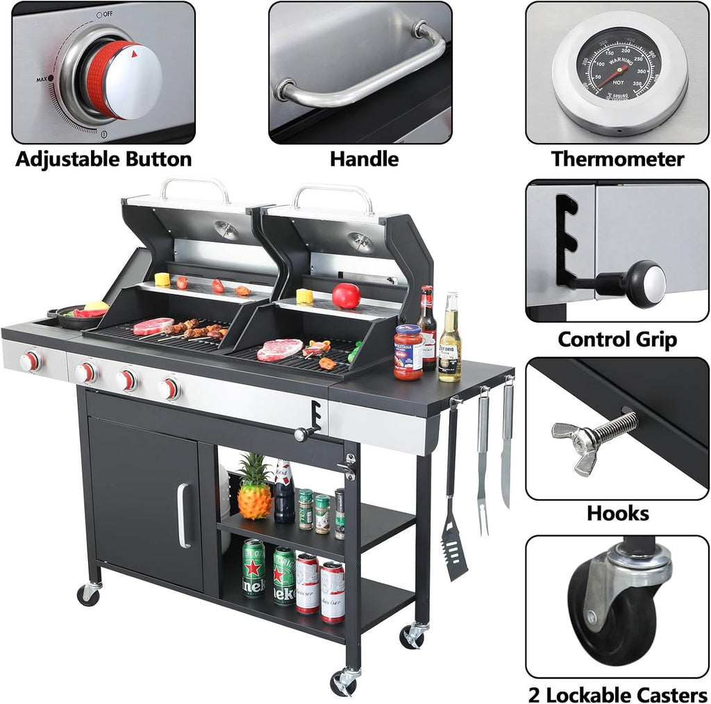 Gas and Charcoal Grill Combo, 3 Burner Gas Grill with Side Burner & Enameled Cast Iron Cooking Grids, 37230 Btu Stainless Steel Burner Barbecue Grills for Patio, Camping, 504 SQIN Cook Area