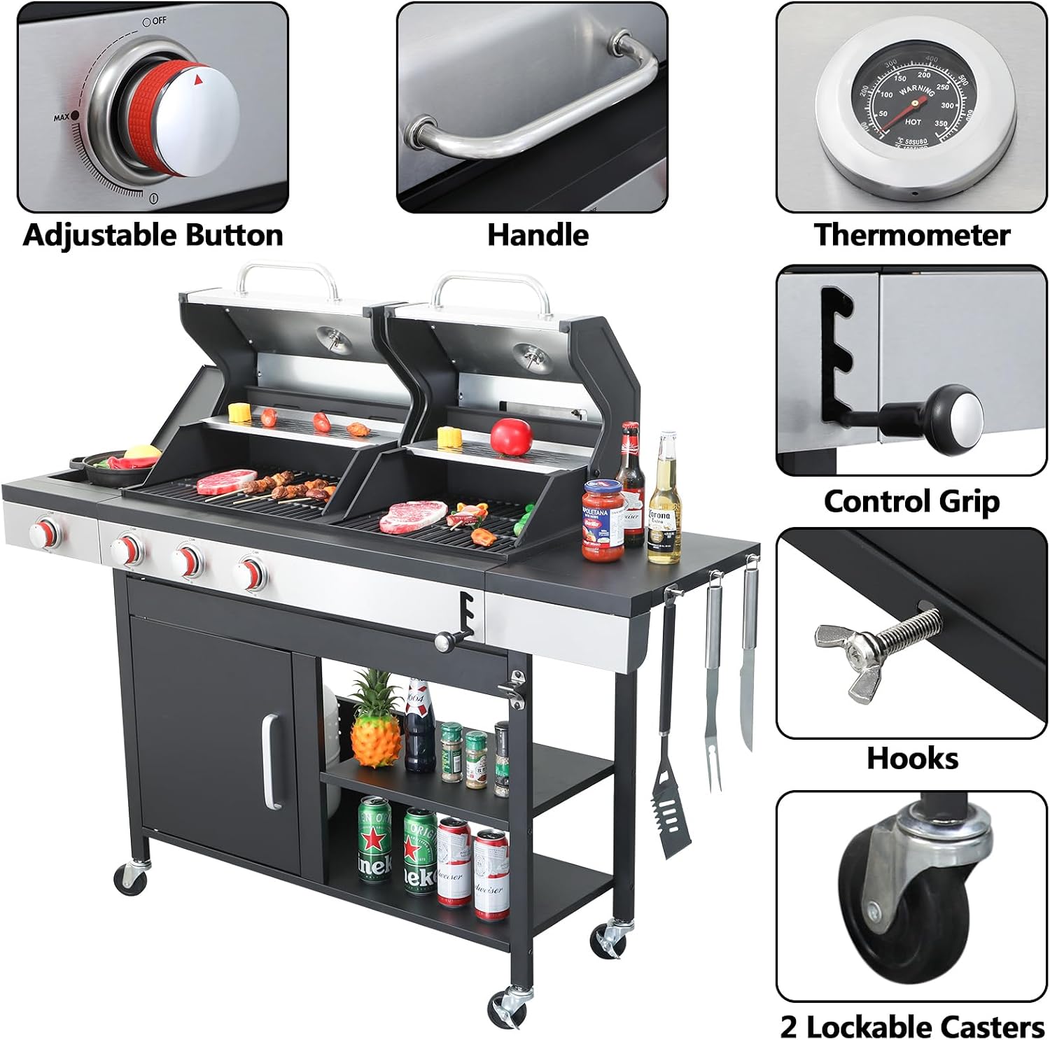 Gas and Charcoal Grill Combo, 3 Burner Gas Grill with Side Burner & Enameled Cast Iron Cooking Grids, 37230 Btu Stainless Steel Burner Barbecue Grills for Patio, Camping, 504 SQIN Cook Area