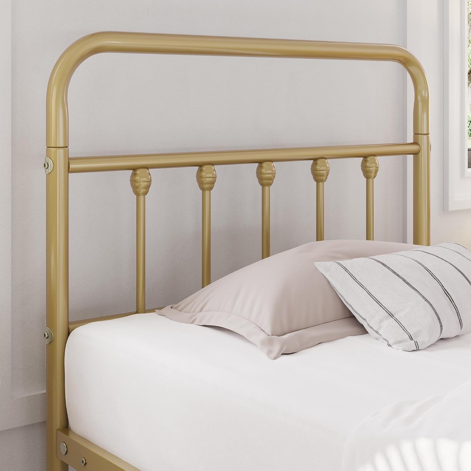 Yaheetech 2Pcs Twin Size Metal Platform Bed Frame with Victorian Style Iron-Art Headboard/Footboard/Under Bed Storage/No Box Spring Needed Antique Gold