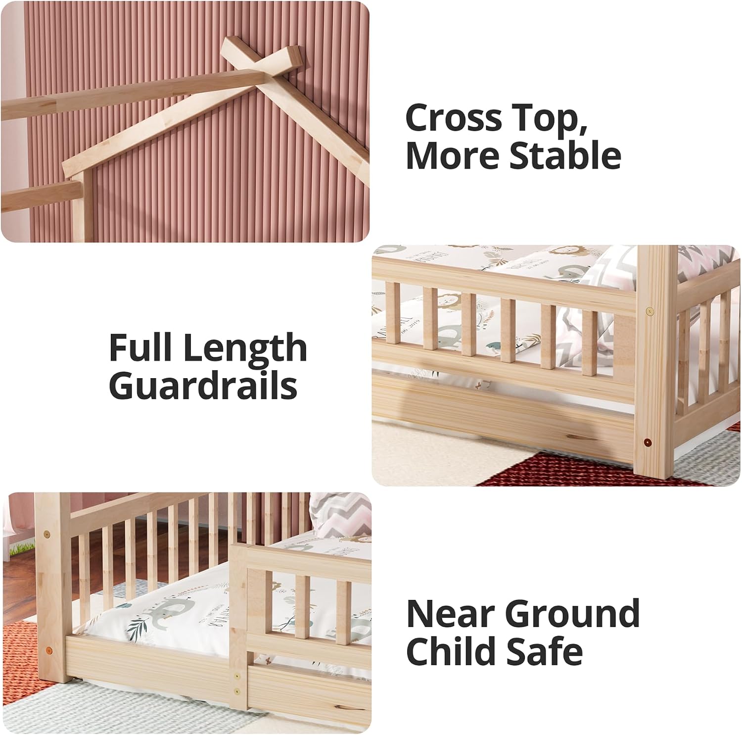 LLS Full Size House Bed with Fence, Wooden Montessori Bed with Slats Support, Floor Bed Frame for Boys Girls Bedroom, Natural
