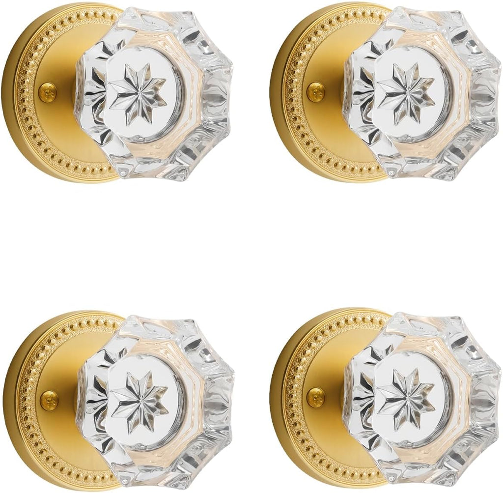 Gold Door Knobs Crystal Door Knob Brushed Gold Passage Door Knobs Glass Satin Brass Interior Door Handles for Hall and Closet 1 Pack
