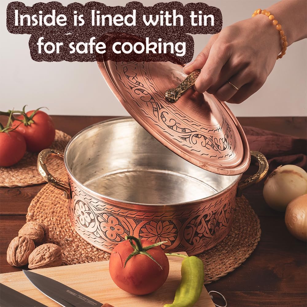 Vintage 100% Pure Solid Copper Hammered Handmade Engraved Cookware Cooking Stew Pot Braiser Lid Pan Oven Fancy Serving Nonstick Handle Non Stick Decorative Kitchen Decor Indian Turkish (3 Quarts)