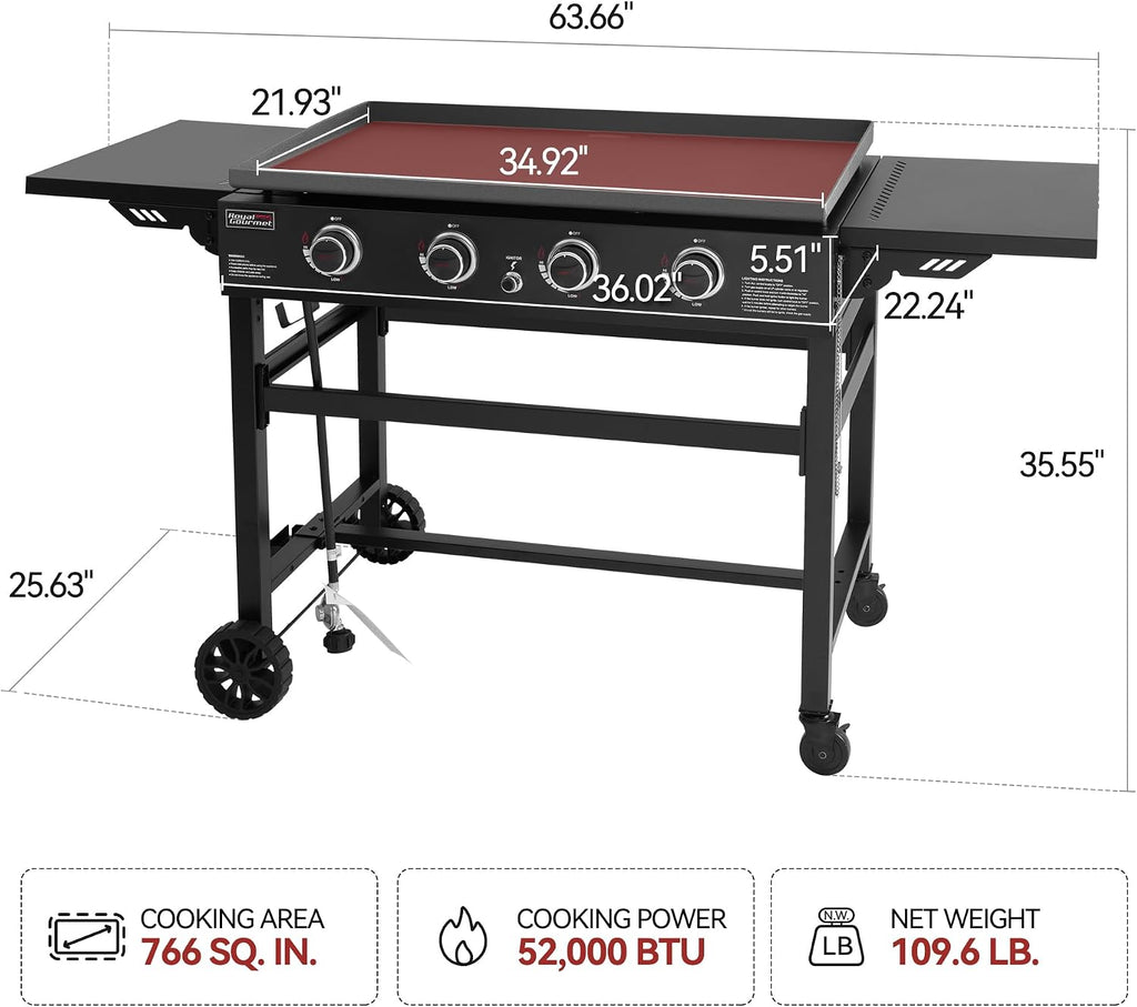 Royal Gourmet GB4001B 4 Burner Propane Gas Griddle with Foldable Side Tables, 35-Inch Flat Top Griddle with 52,000 BTUs Output for Outdoor Cooking like Camping or Tailgating, Black