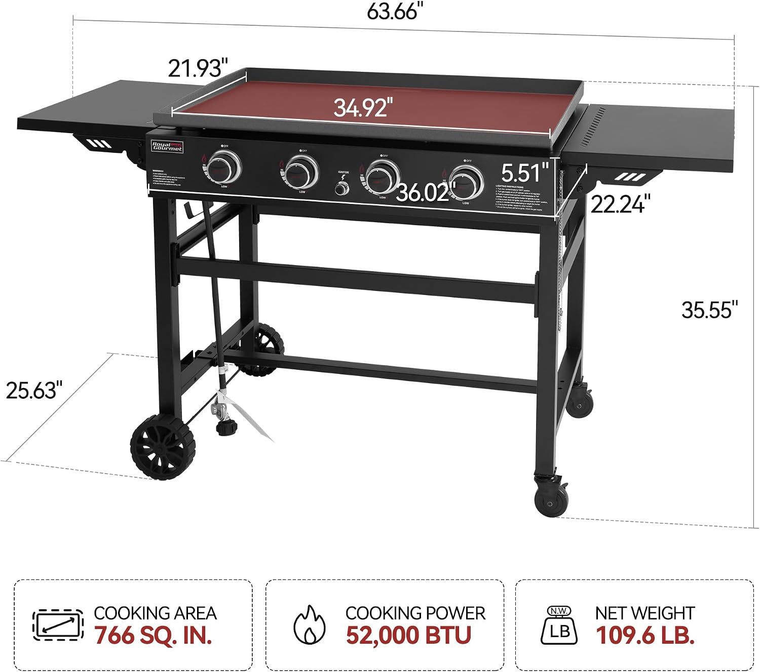 Royal Gourmet GB4001B 4 Burner Propane Gas Griddle with Foldable Side Tables, 35-Inch Flat Top Griddle with 52,000 BTUs Output for Outdoor Cooking like Camping or Tailgating, Black