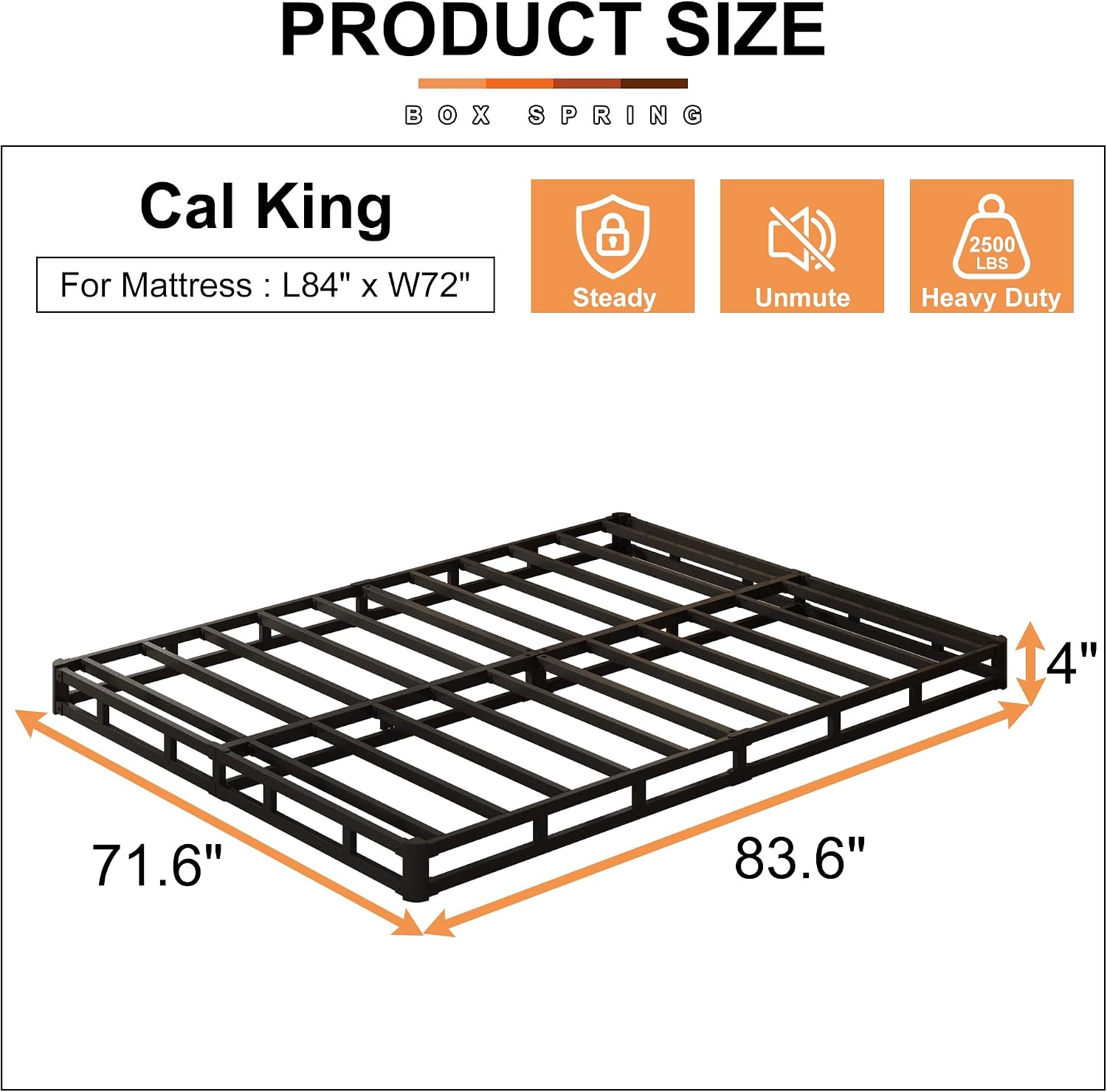 EMODA 4 Inch California King Box Spring Bed Base, 3000 LBS Heavy Duty Metal Mattress Foundation with Fabric Cover, Easy Assembly
