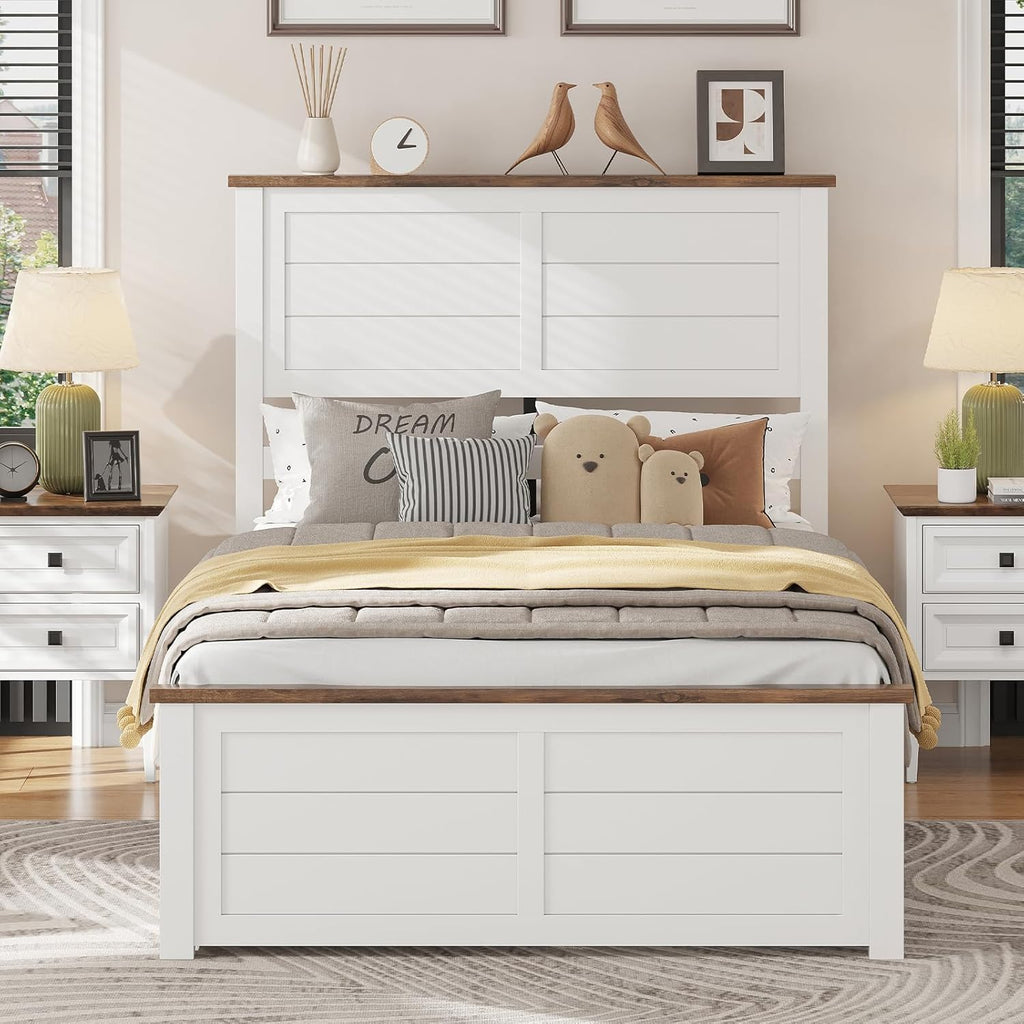 LUXOAK Twin Size Farmhouse Wooden Bed Frame with Headboard and 4 Sliding Drawers, Barn Door Panel Platform Bed with Wood Slats, Heavy Duty Mattress Foundation, Non-Slip & Noise-Free, Antique White