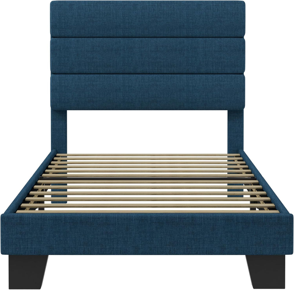 SHA CERLIN Twin Platform Bed Frame with Upholstered Fabric Headboard, Mattress Foundation with Strong Wooden Slats Support, No Box Spring Needed, Navy Blue