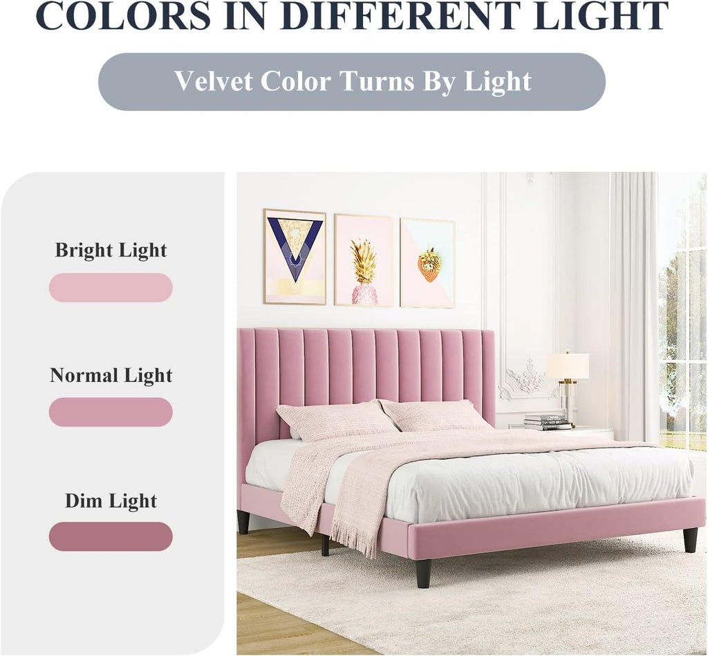 Allewie Full Platform Bed Frame/Velvet Upholstered Bed Frame with Vertical Channel Tufted Headboard/Strong Wooden Slats/Mattress Foundation/Box Spring Optional/Easy Assembly/Pink