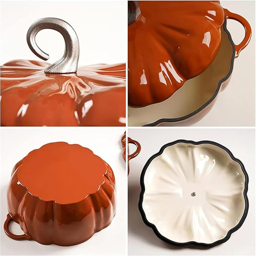 Orange,Mswborml Pumpkin Enameled Dutch Oven Pot with Lid and Non-Stick Ceramic Coating, Heat-Resistant Enamelled Cooking Pot, Heavy-Duty Shallow Casserole Braiser with Dual Handle, Easy to Clean