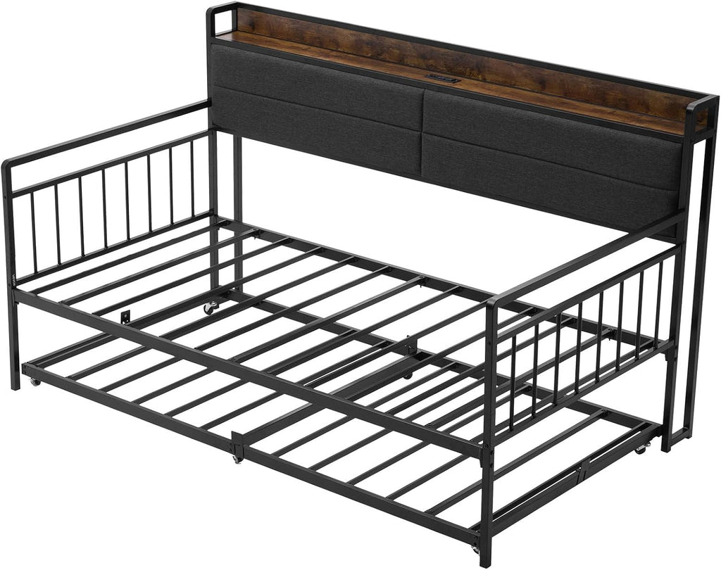 VEVOR Twin Size Daybed Frame, Day Bed with Trundle, Heavy Duty Metal Platform Bed Frame with Charging Station, Twin Daybed with Metal Slats Support for Living Room, Bedroom, Guest Room, Easy Assembly