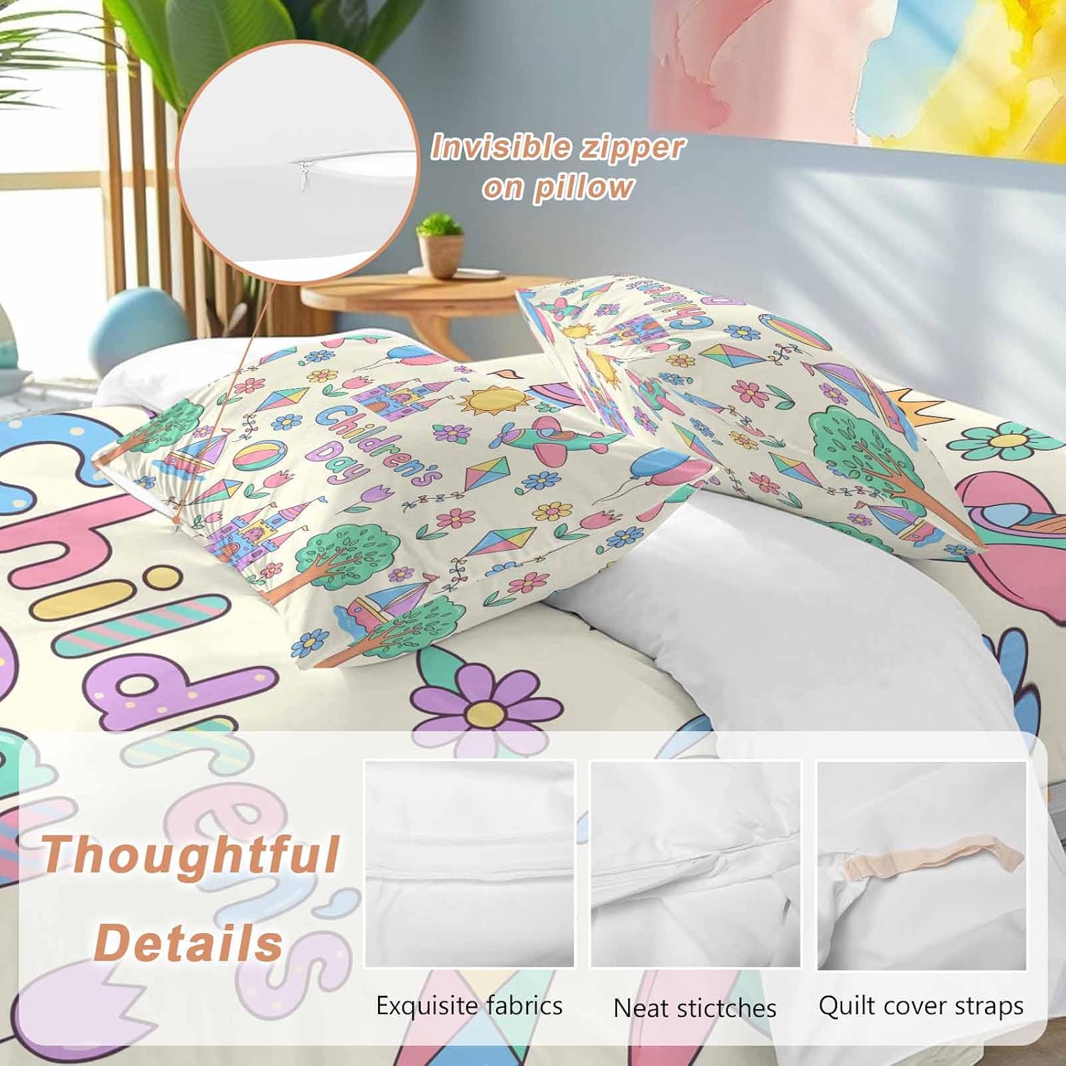 Children's Day Duvet Cover Set Queen Size 4 Pieces Cartoon Sun Airplanes Castles Kites Boat Balloon Beige Bedding Set with Zipper Closure, 1 Comforter Cover 90x92 Inches 1 Flat Sheet & 2 Pillow Cases