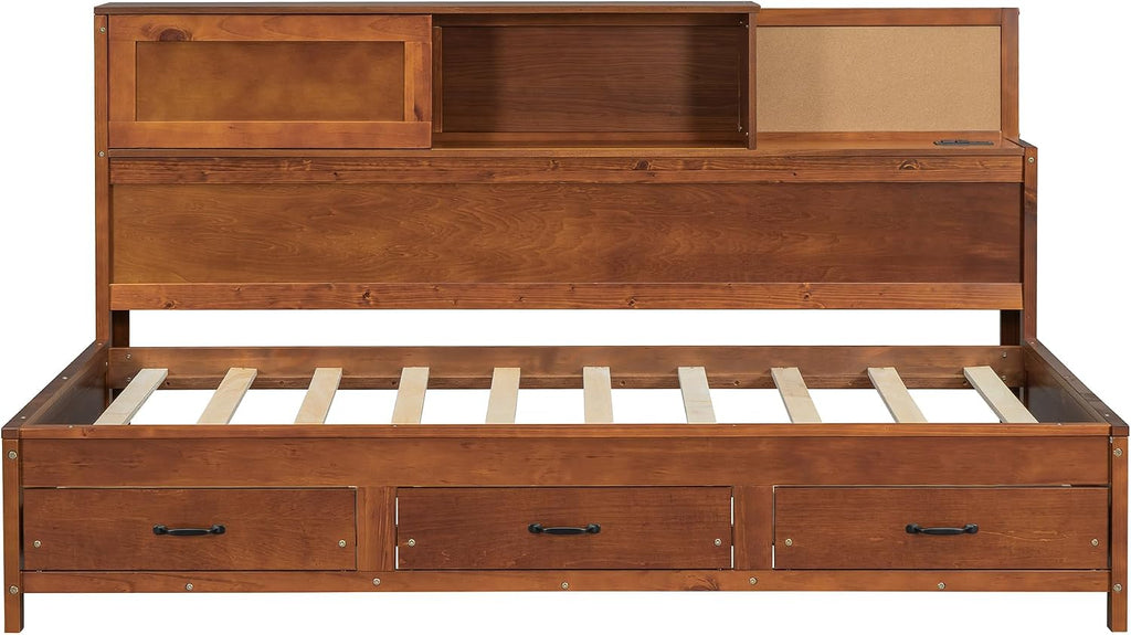 Wooden Daybed with 3 Storage Drawers, Upper Soft Board, Shelf, and a Set of Sockets and USB Ports, Multi-Functional Bed Frame for Bedroom, Twin Size, Walnut