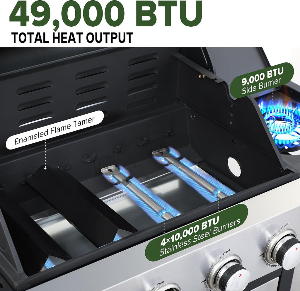 Gas Grill and Griddle Combo with Side Burner, 4-Burner Propane Grill with Porcelain-Enameled Cast Iron Grates and Double-Wall Insulated Lid, 49,000 BTU BBQ Grill for Outdoor Cooking
