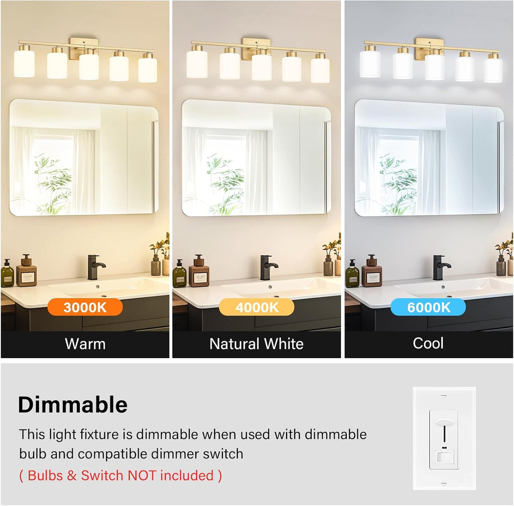 FonmYim Gold Bathroom Light Fixtures, 5-Light Modern Vanity Light Over Mirror, Wall Sconces with Milky White Frosted Glass Shades, E26 Socket (Bulbs Not Included)