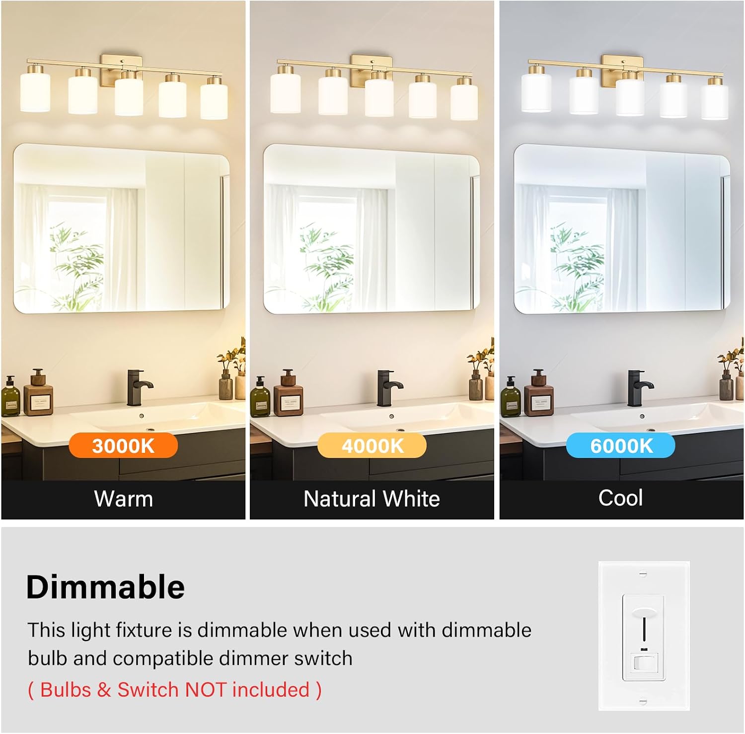 FonmYim Gold Bathroom Light Fixtures, 5-Light Modern Vanity Light Over Mirror, Wall Sconces with Milky White Frosted Glass Shades, E26 Socket (Bulbs Not Included)