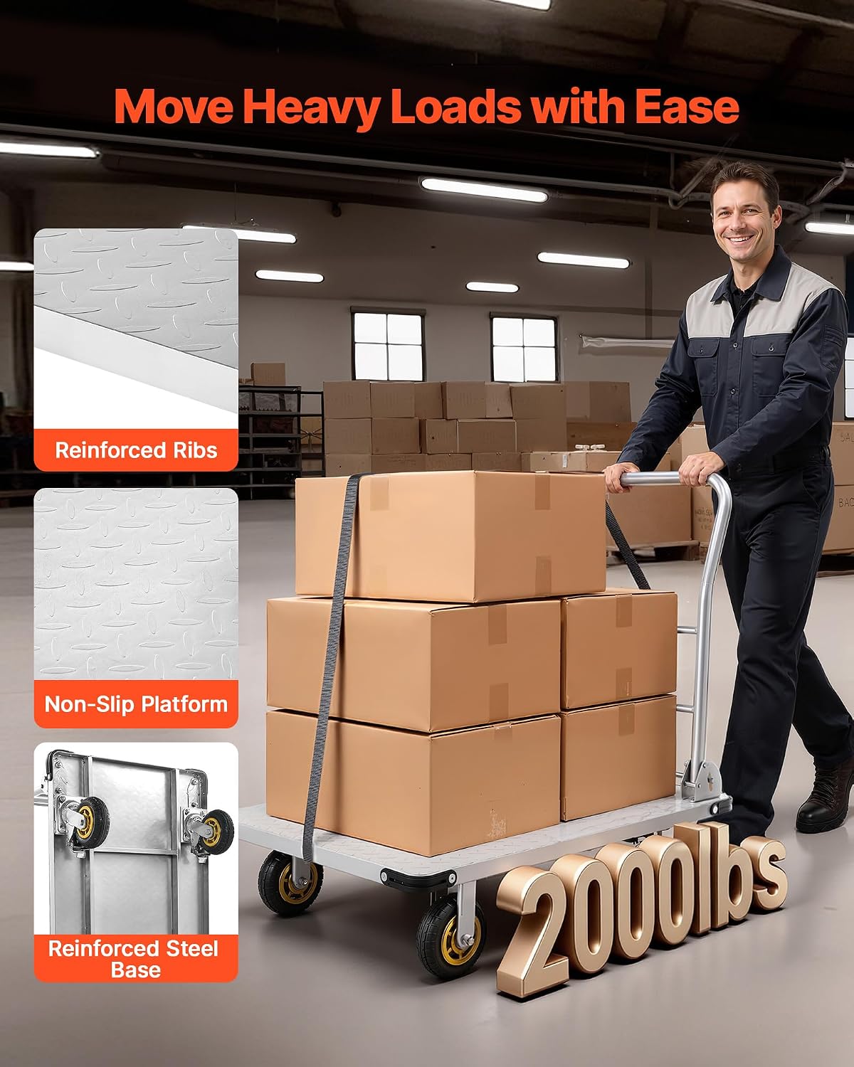 VEVOR Heavy Duty Platform Truck, 2000 LBS Steel Large Flatbed Cart with 360° Swivel Wheels & Brakes, Foldable Platform Hand Push Truck Dolly for Easy Storag/Groceries/Garage/Warehouse (36' X 24')