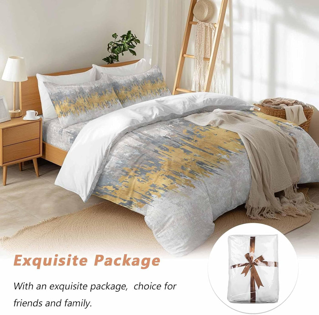 Abstract Duvet Cover Set Queen Size 4 Pieces Yellow Grey Graffiti Silhouette Art Modern Painting Bedding Set with Zipper Closure, 1 Comforter Cover 90x92 Inches 1 Flat Sheet & 2 Pillow Cases