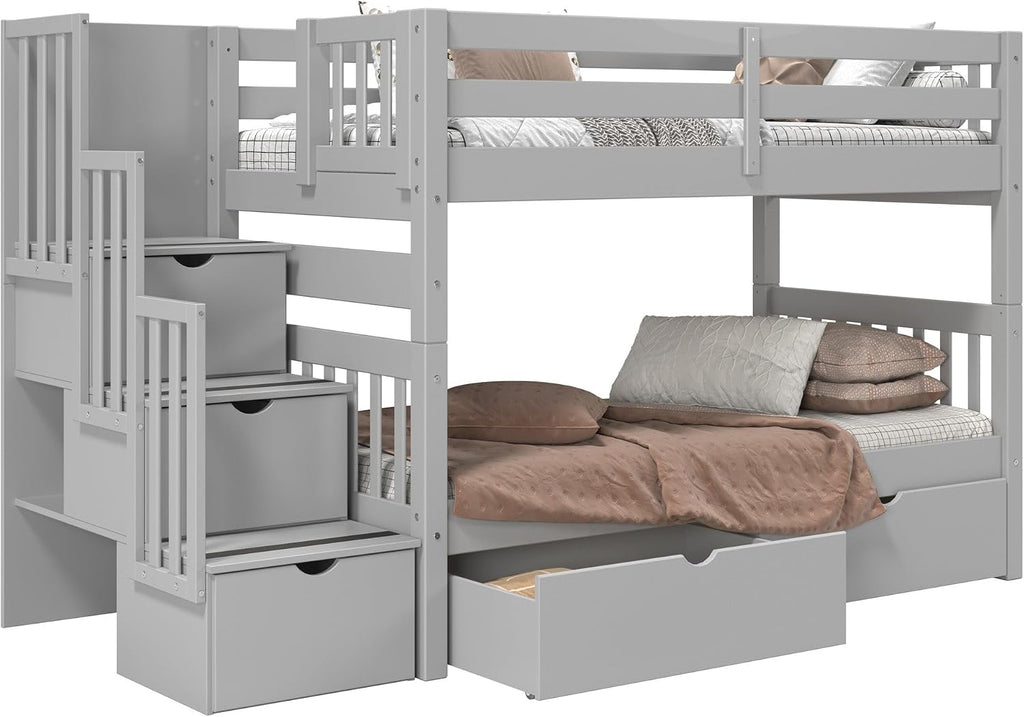Bedz King Stairway Bunk Beds Twin Over Twin with 3 Drawers in the Steps and 2 Under Bed Drawers, Grey