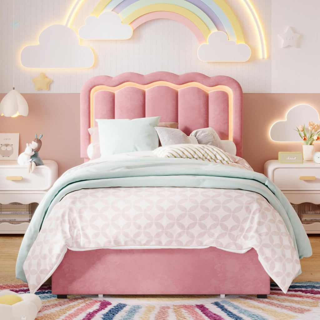 SHA CERLIN Upholstered Twin Size Bed Frame with LED Lights and Large Storage Drawer, Velvet Platform Bed with Adjustable Wavy Headboard, Noise Free, Easy Assembly, No Box Spring Needed, Soft Pink