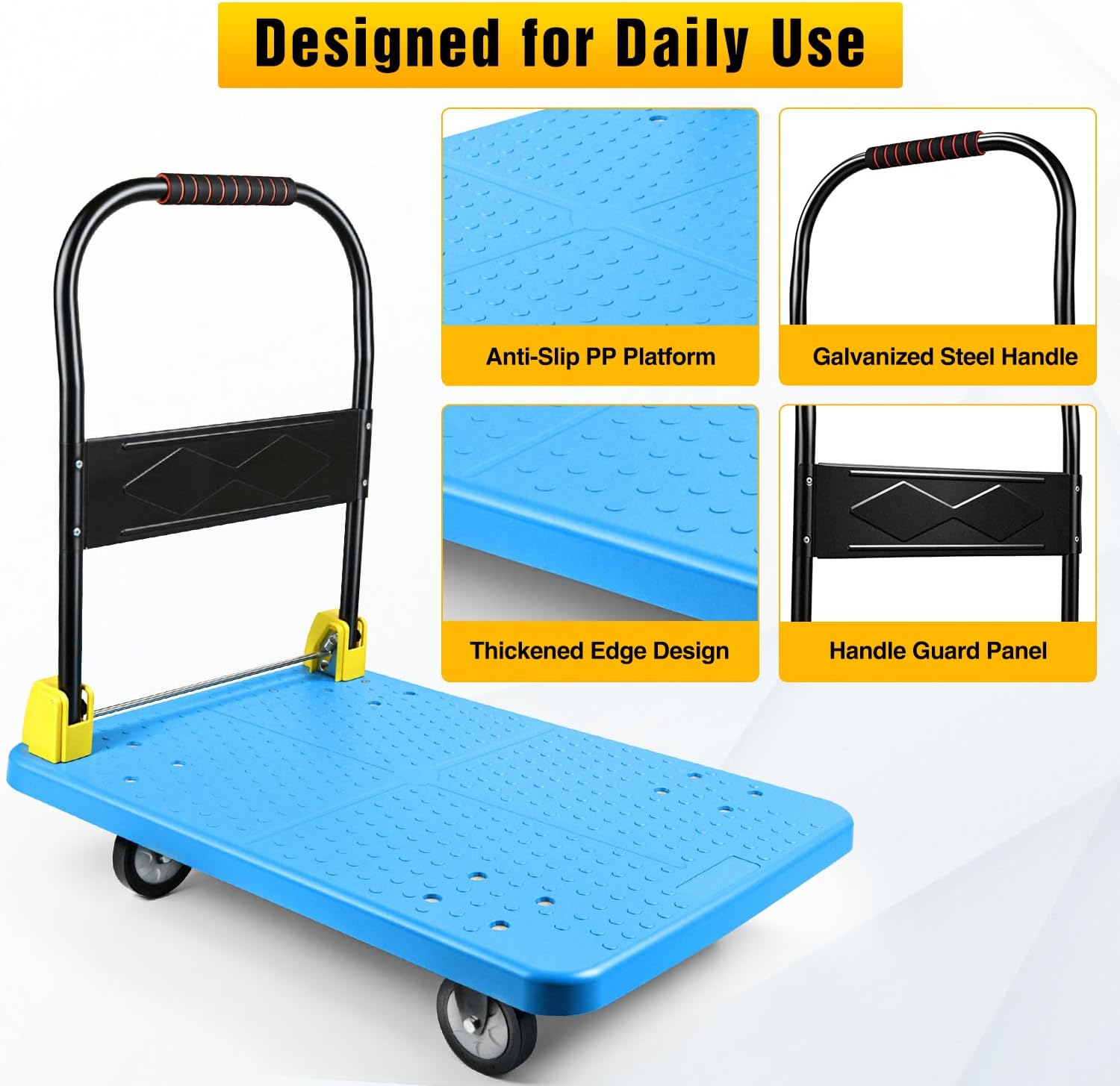 Heavy Duty Platform Cart, 1100 lbs Capacity Push Cart Dolly with 5-Inch TPR Silent Wheels, 35.4 x 23.6 Inch PP Deck Flatbed Cart for Home & Industrial Use, Black
