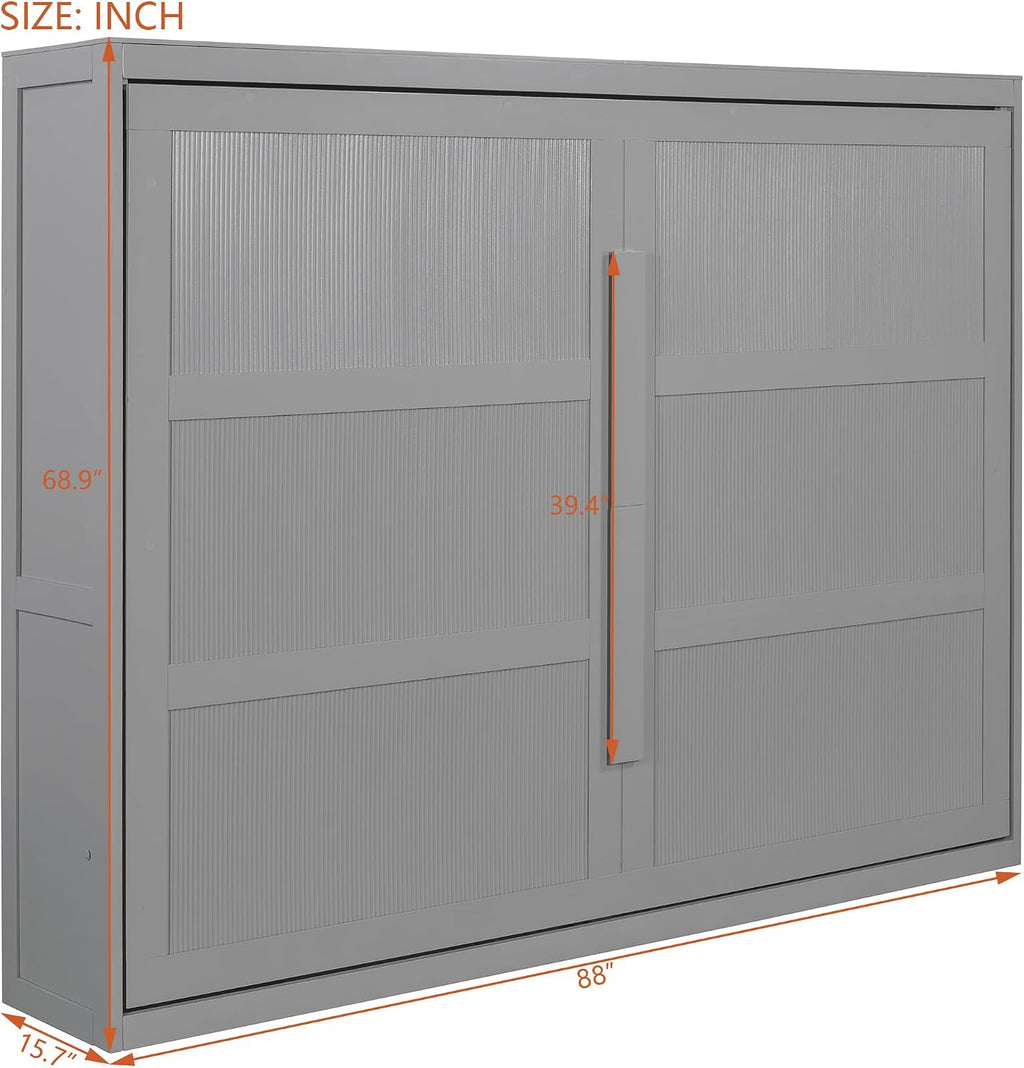 Harper & Bright Designs Queen Size Murphy Bed, Wooden Queen Wall Bed Modern Design with LED Lights, Gray