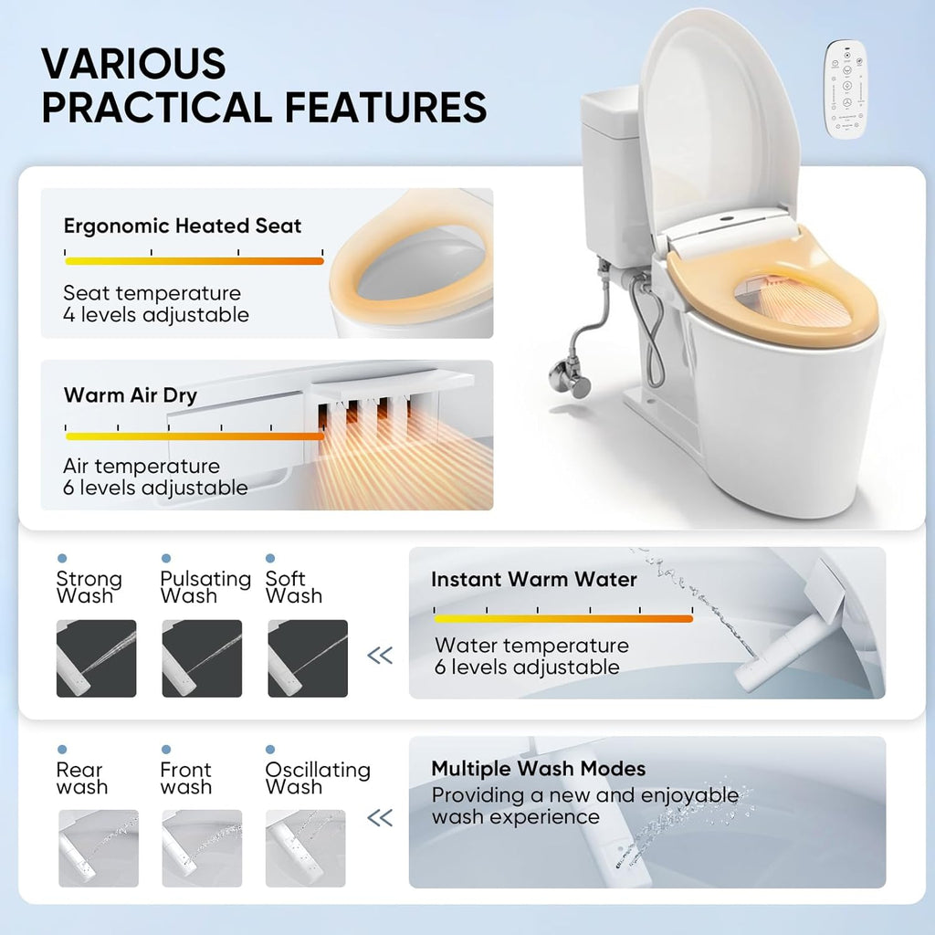 LEIVI Electric Bidet Toilet Seat with Wireless Remote and Side Panel, Multiple Spray Modes, Adjustable Heated Seat, Warm Water and Air Dryer, Auto LED Nightlight, Elongated
