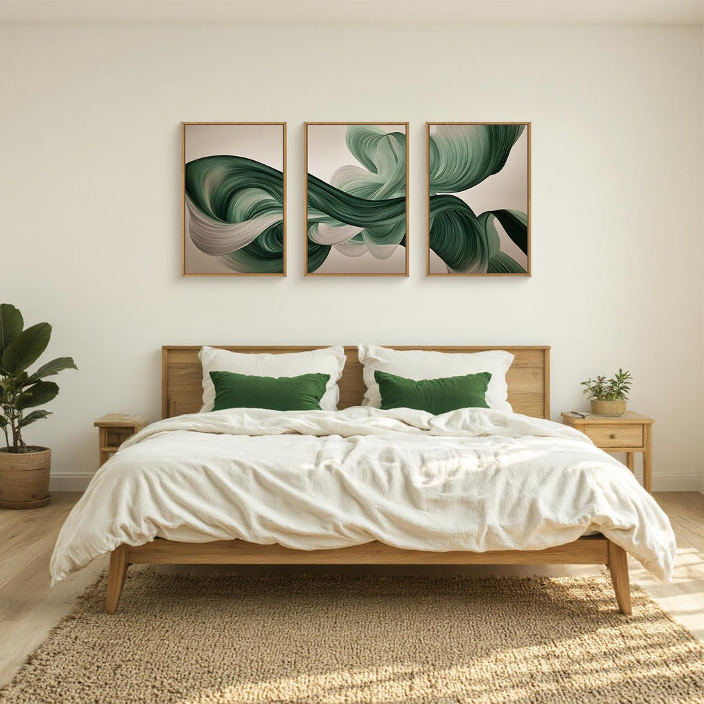 KAIRNE Green Abstract Framed Canvas Wall Art Set,Minimalist Green Lines Wall Decor,Modern Flowing Texture Art Prints,Neutral Smokes Waves Artwork for Living Room,Bedroom,Farmhouse,Office-24 x36 x3