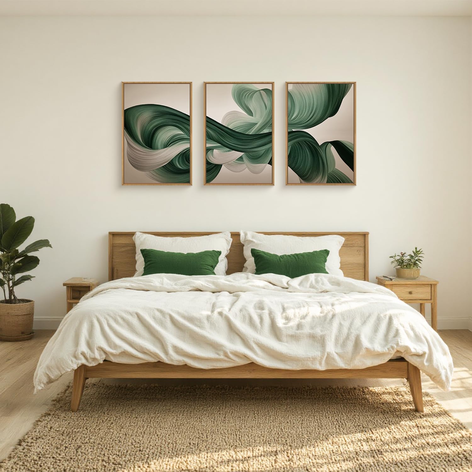 KAIRNE Green Abstract Framed Canvas Wall Art Set,Minimalist Green Lines Wall Decor,Modern Flowing Texture Art Prints,Neutral Smokes Waves Artwork for Living Room,Bedroom,Farmhouse,Office-24 x36 x3