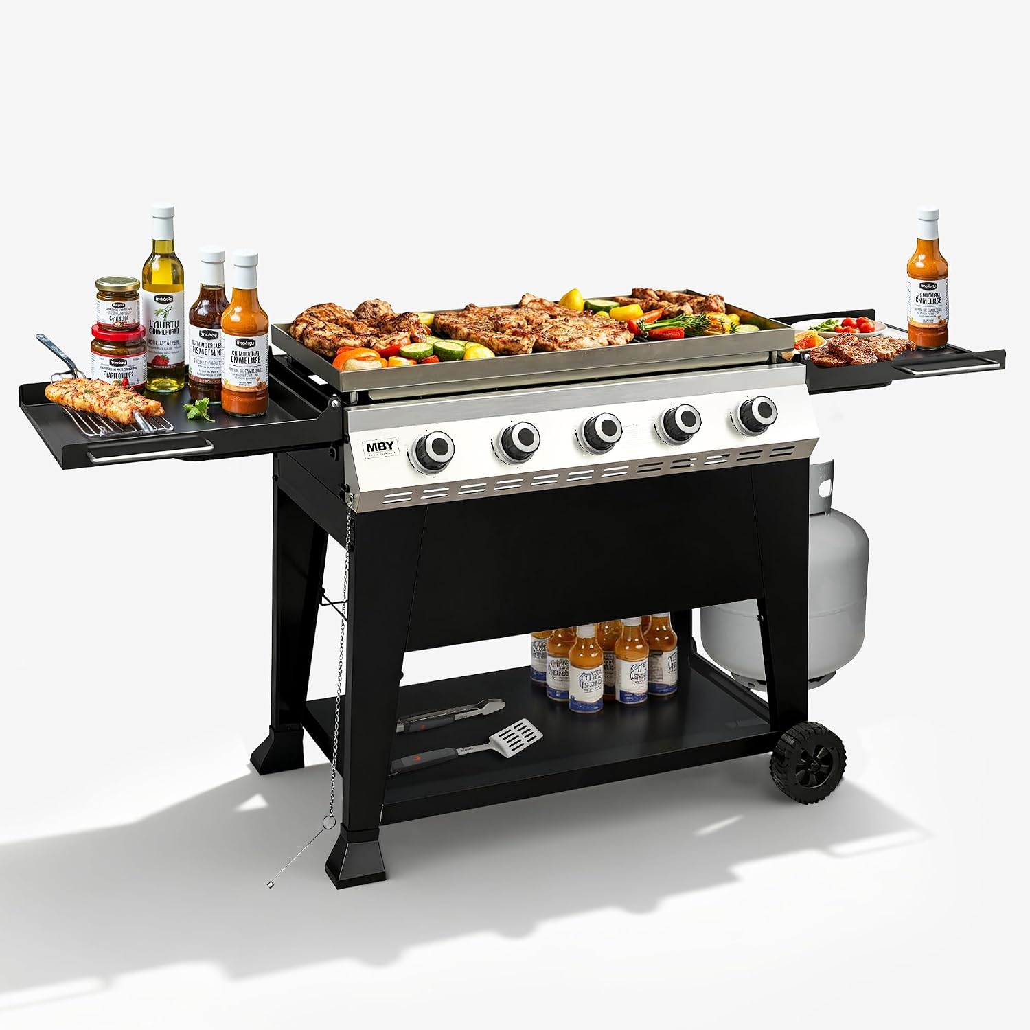 3-Burner Propane Grill, 34,000 BTU Outdoor Flat Top Propane Gas Griddle Grill with 540 Sq In Cooking Area, Rolling Wheels, Folding Side Shelves & Cover for Camping, Backyard BBQ (5 Burner)