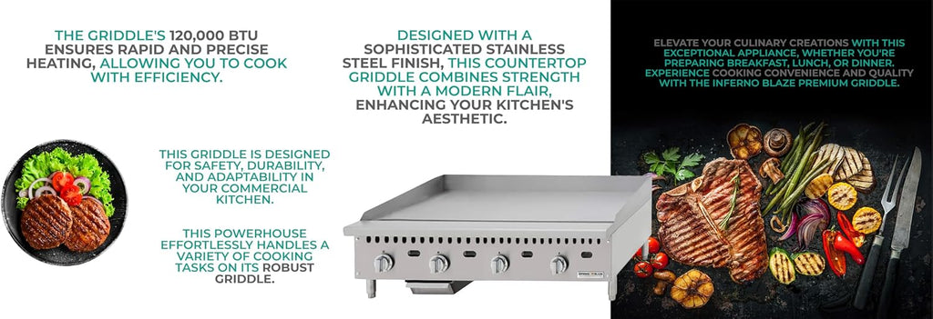 Inferno Blaze Premium IBP-CTG-48 48' Gas Countertop Griddle with Manual Controls 120,000 BTU, Silver - ETL Certified, Stainless Steel Flat Top Griddle - Perfect for Commercial Kitchens