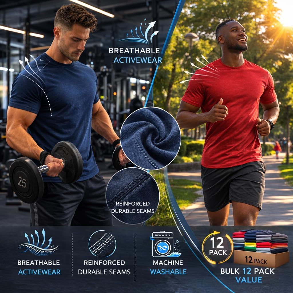 SOCKS'NBULK Men's Cotton Crew Neck Regular T-Shirts Bulk Short Sleeve Lightweight Tees Mix Colors