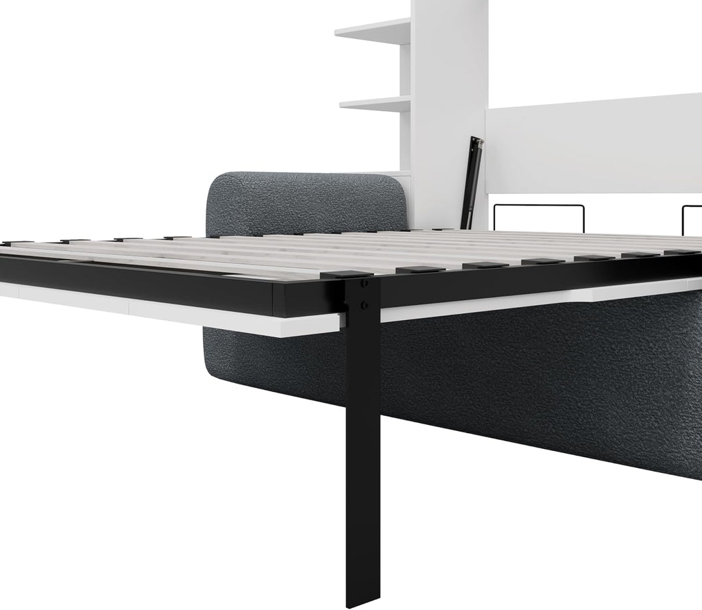Full Wood Murphy Bed with Sofa,Shelves and Cabinets,Modern Foldable Wall Bed with Headboard,Couch and Armrest,for Home Office or Small Room,Space Saving,No Box Spring Needed,Gray