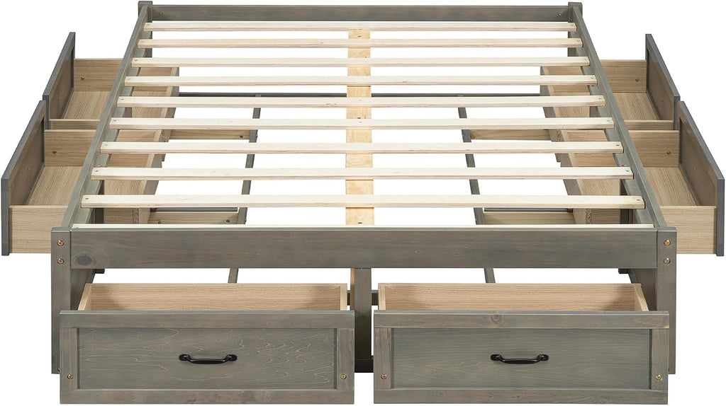 SOFTSEA Full Size Bed Frame with 6 Storage Drawers, Wood Platform Bed Frame No Headboard with Support Slats, Farmhosue Platform Bed with Drawers, No Box Spring Needed, Easy Assembly, Antique Gray