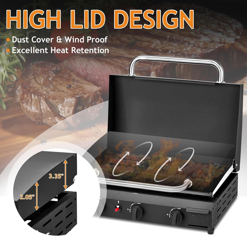 LOVEZOE 3-Burner Flat Top Gas Griddle Cooking Station with Ceramic Coated Cast Iron Pan, 30,000 BTU Propane Fuelled Griddle Station for Outdoor Barbecue Backyard Cookout