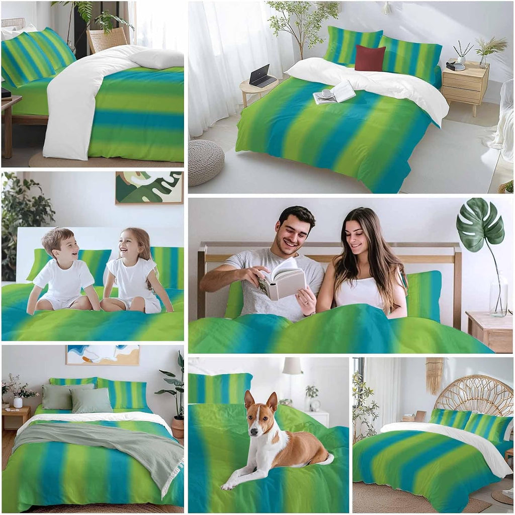 Green Blue Gradient Duvet Cover Set Queen Size 4 Pieces Color Striped Ombre Modern Minimalist Art Bedding Set with Zipper Closure, 1 Comforter Cover 86x86 Inches 1 Flat Sheet & 2 Pillow Cases
