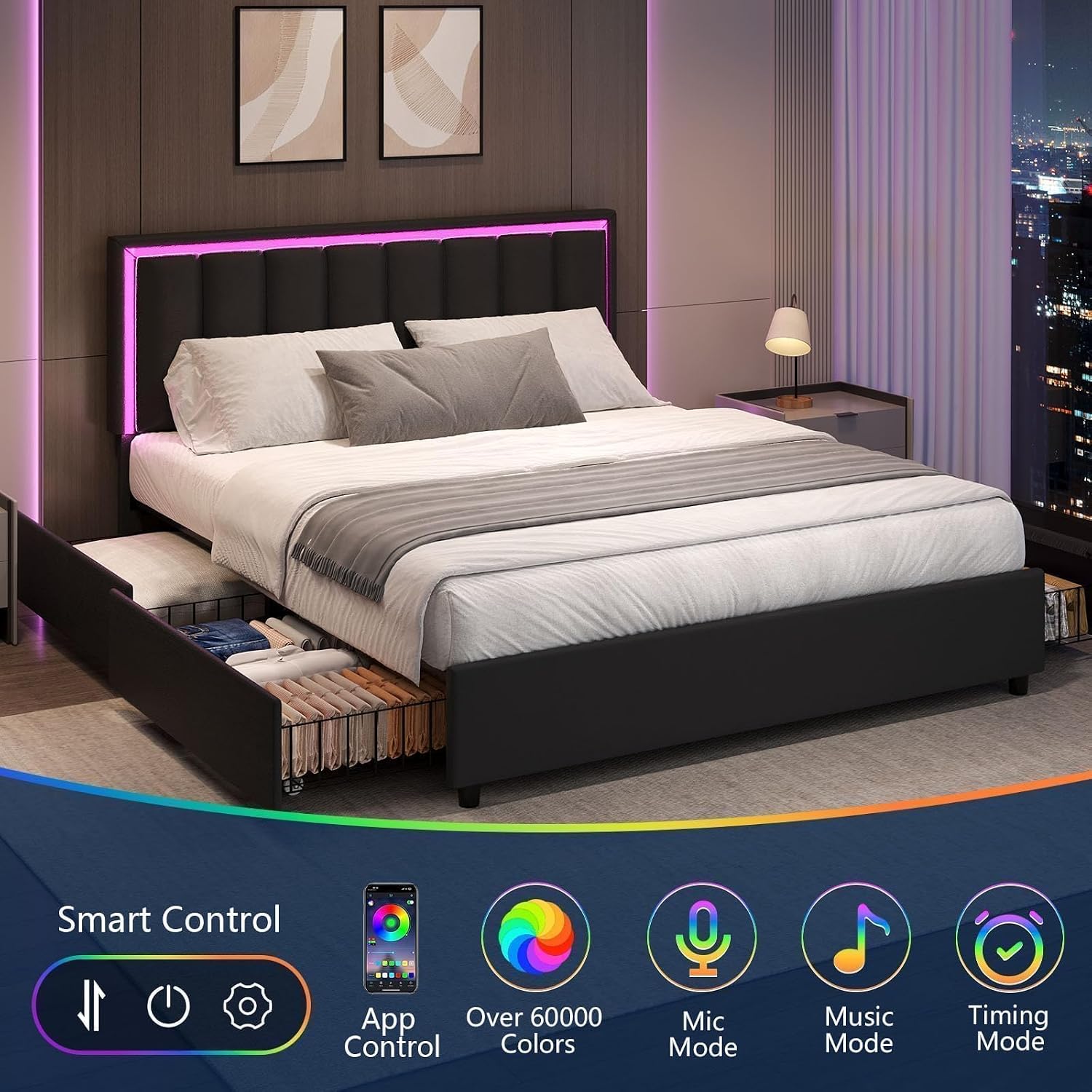 IMMERSTABLE Queen Size Bed Frame with Headboard and 4 Storage Drawers, Faux Leather Upholstered Platform Bed with LED Lights, Metal and Wood Slats, No Box Spring Needed, Easy Assembly, Black