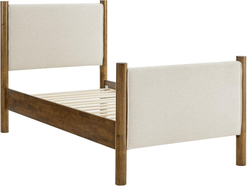 Modway Maven Twin Size Bed Frame in Ivory Walnut with Upholstered Fabric Headboard and Footboard – Wood Twin Platform Bed Frame – No Box Spring Needed