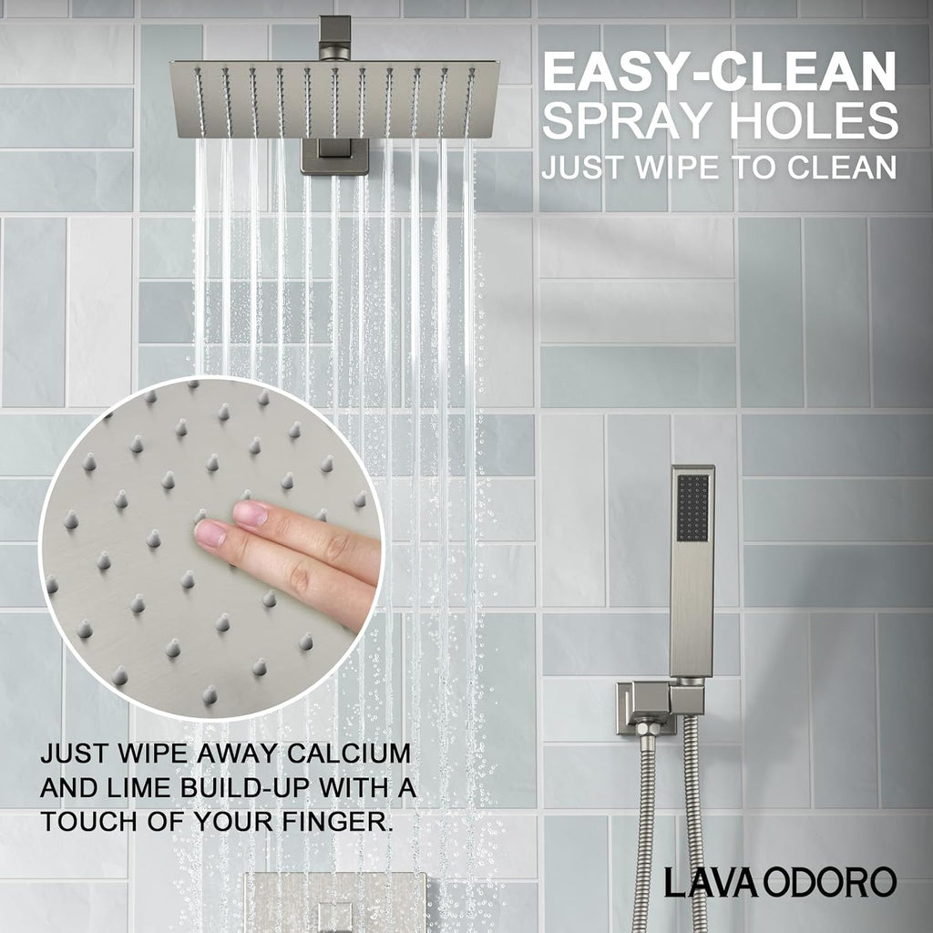 Lava Odoro Modern 2-Setting Square Shower System with Rain Shower Head and Handheld Spray Brushed Nickel, Rainfall Shower Faucet Set Brushed Nickel, Shower Valve and Trim Kit, SF103-BN