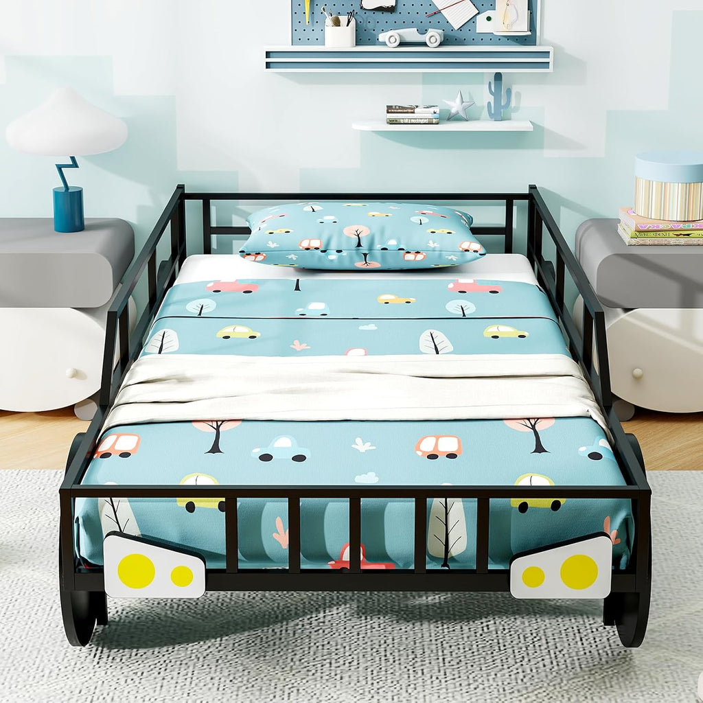 Costzon Twin Bed Frames for Kids, Car-Shaped Metal Bed with Wheels Decorations, Safety Guardrails, No Box Spring Needed, Fits Standard Twin Mattress (Mattress Not Included), Twin Bed for Boys Girls