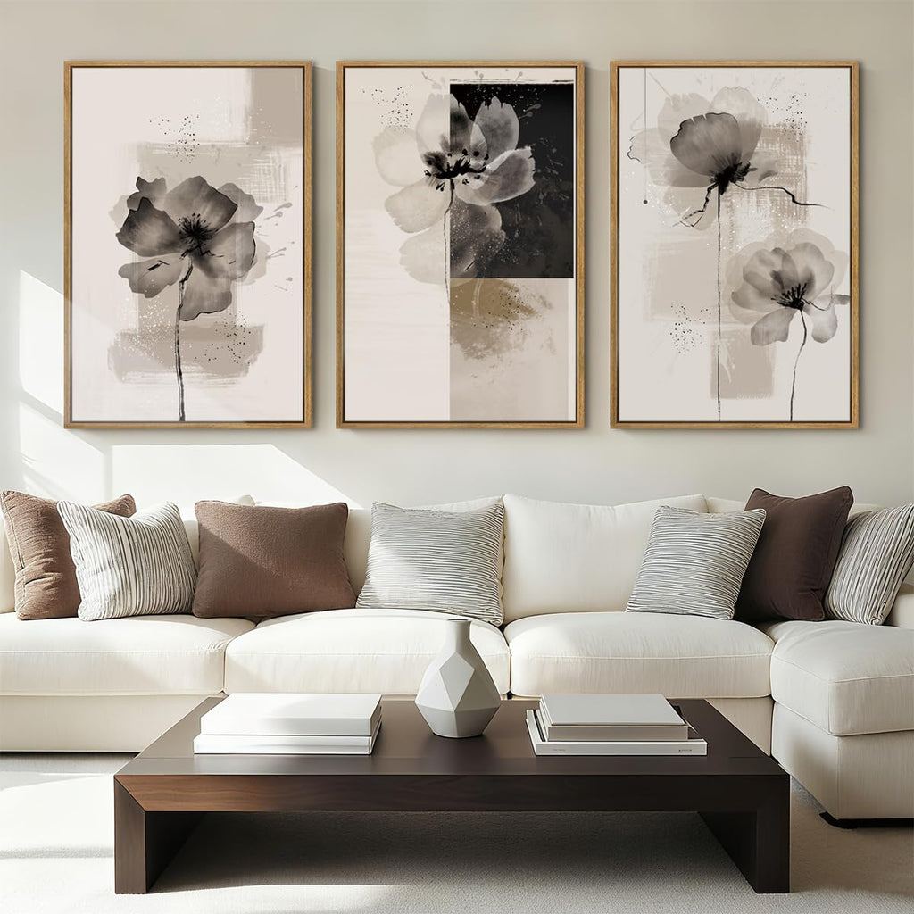 IARTTOP Large Framed Neutral Abstract Wall Art 24x36 Inch Oversized Modern Beige Gray Floral Canvas Wall Decor Minimalist White Flower Art Prints for Living room Bedroom Set of 3