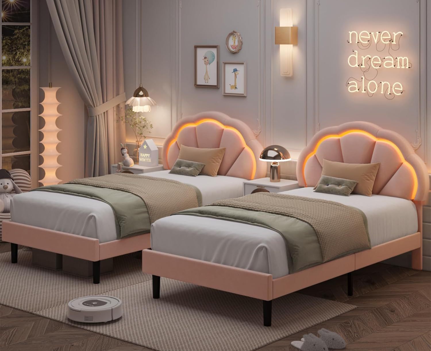 HIFIT 2 Piece Twin Upholstered LED Bed Frame with Adjustable Cute Petal Headboard, Soft Velvet Princess Platform Bed for Girls/Kids, Solid Wood Slats Support, No Box Spring Needed, Easy Assembly, Pink
