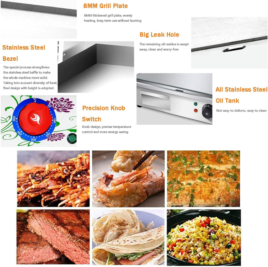 Commercial Electric Griddle, Electric Countertop Flat Top Griddle,Teppanyaki Stainless Steel Grill with Dual Temperature Control for Fry Eggs Pies Hamburgers Bacon-818