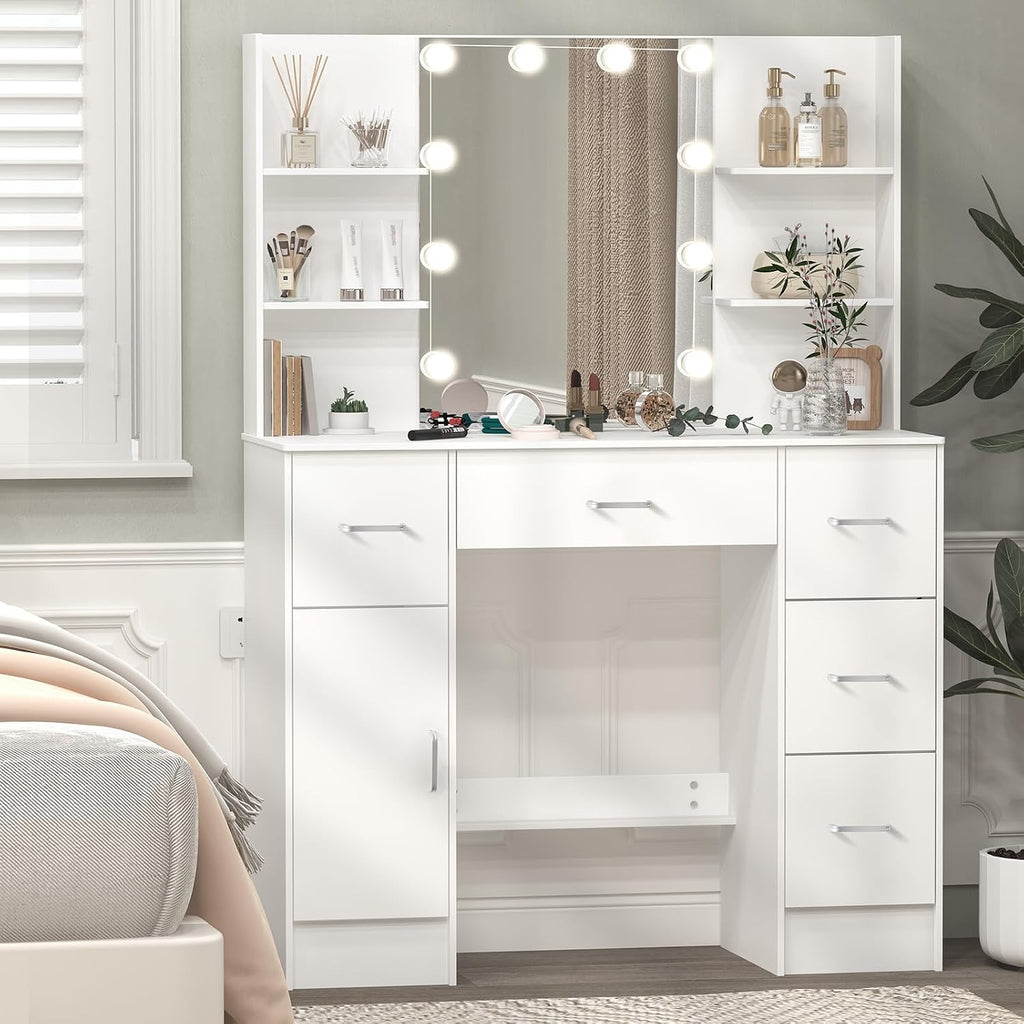 Makeup Vanity Desk with Mirror and Lights, Makeup Vanity Table and Chair Set, Makeup Desk with 5 Drawers & Storage Shelves, 3 Color Modes Adjustable, Vanity Set with Mirror, Dressing Table for Bedroom