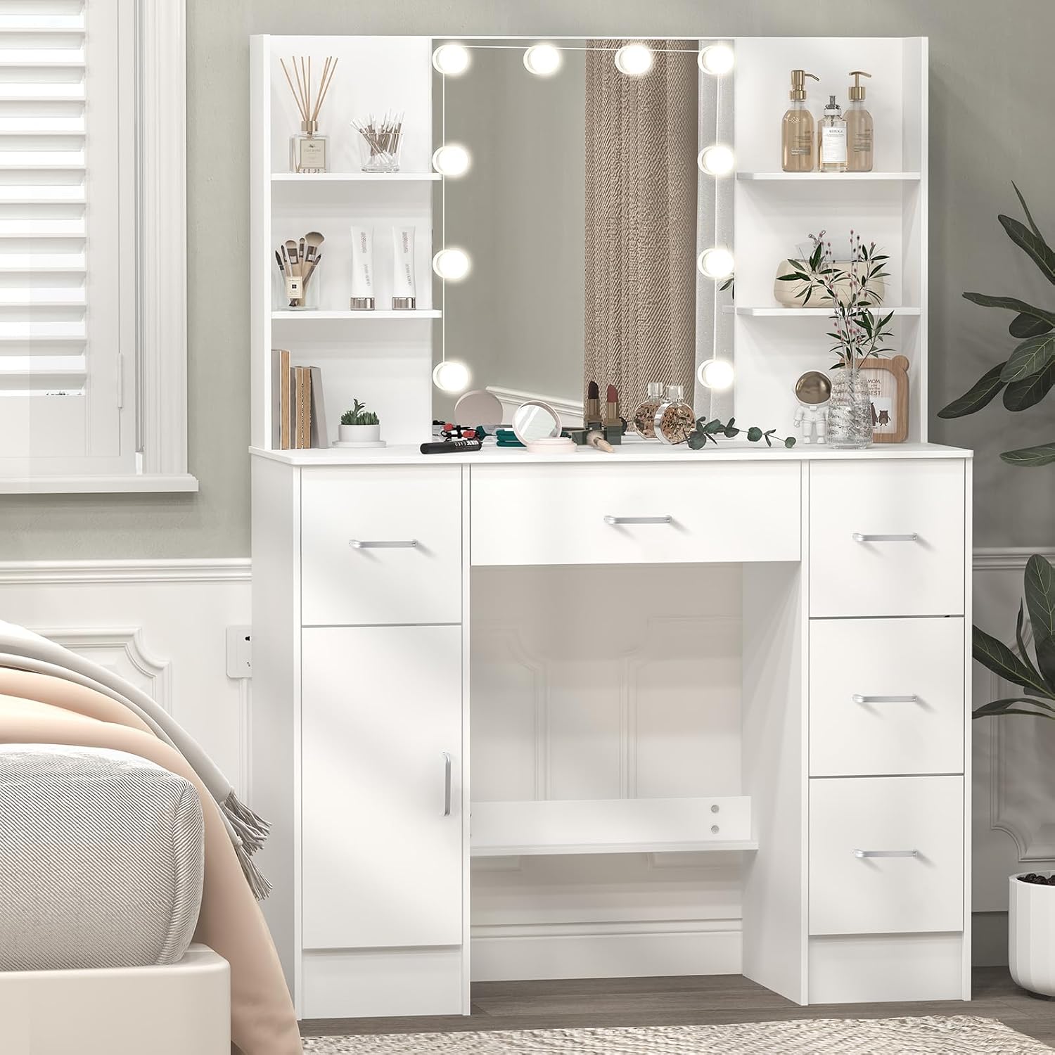 Makeup Vanity Desk with Mirror and Lights, Makeup Vanity Table and Chair Set, Makeup Desk with 5 Drawers & Storage Shelves, 3 Color Modes Adjustable, Vanity Set with Mirror, Dressing Table for Bedroom