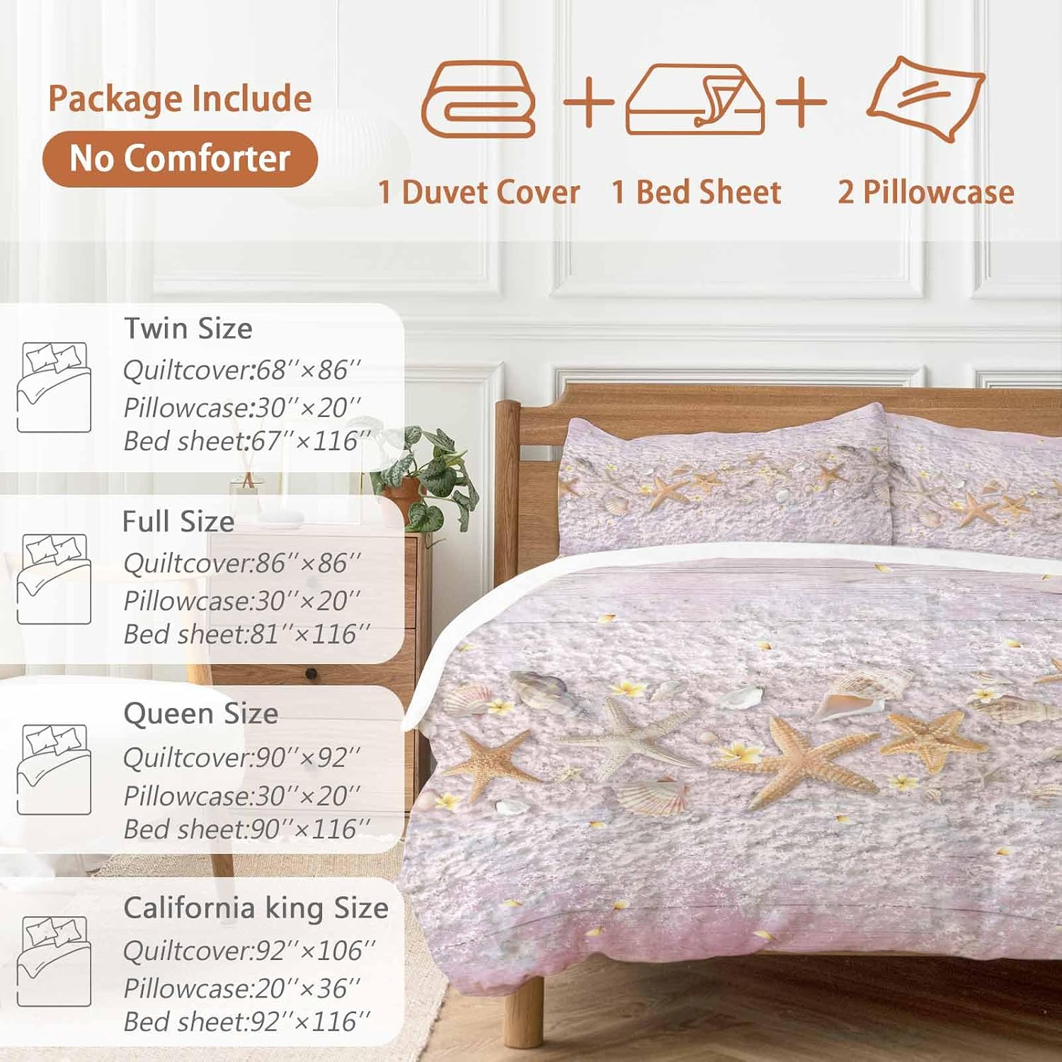 Summer Marine Life Duvet Cover Set Queen Size 4 Pieces Ocean Starfish Conch Shell Beach Pink Wood Grain Bedding Set with Zipper Closure, 1 Comforter Cover 92x106 Inches 1 Flat Sheet & 2 Pillow Cases