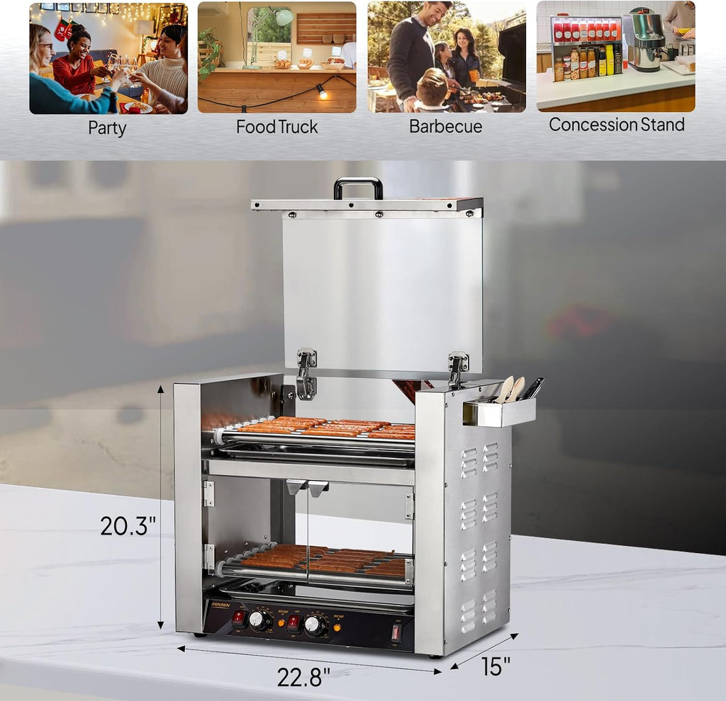 ROVSUN 2 Tier Hot Dog Roller, 36 Hot Dog 7 Rollers ETL Certified, Hot Dog Machine Sausage Grill with Dual Temp Control, Glass Cover, Light, Side Storage Box & Drip Tray for Home Commercial 2100W