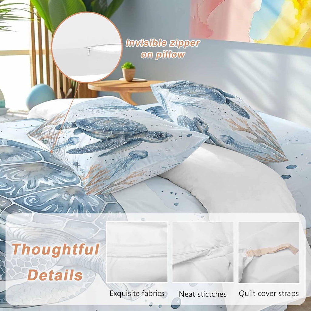 Marine Life Duvet Cover Set Queen Size 4 Pieces Blue Sea Turtle Jellyfish Fish Brown Coral Watercolor Bedding Set with Zipper Closure, 1 Comforter Cover 92x106 Inches 1 Flat Sheet & 2 Pillow Cases
