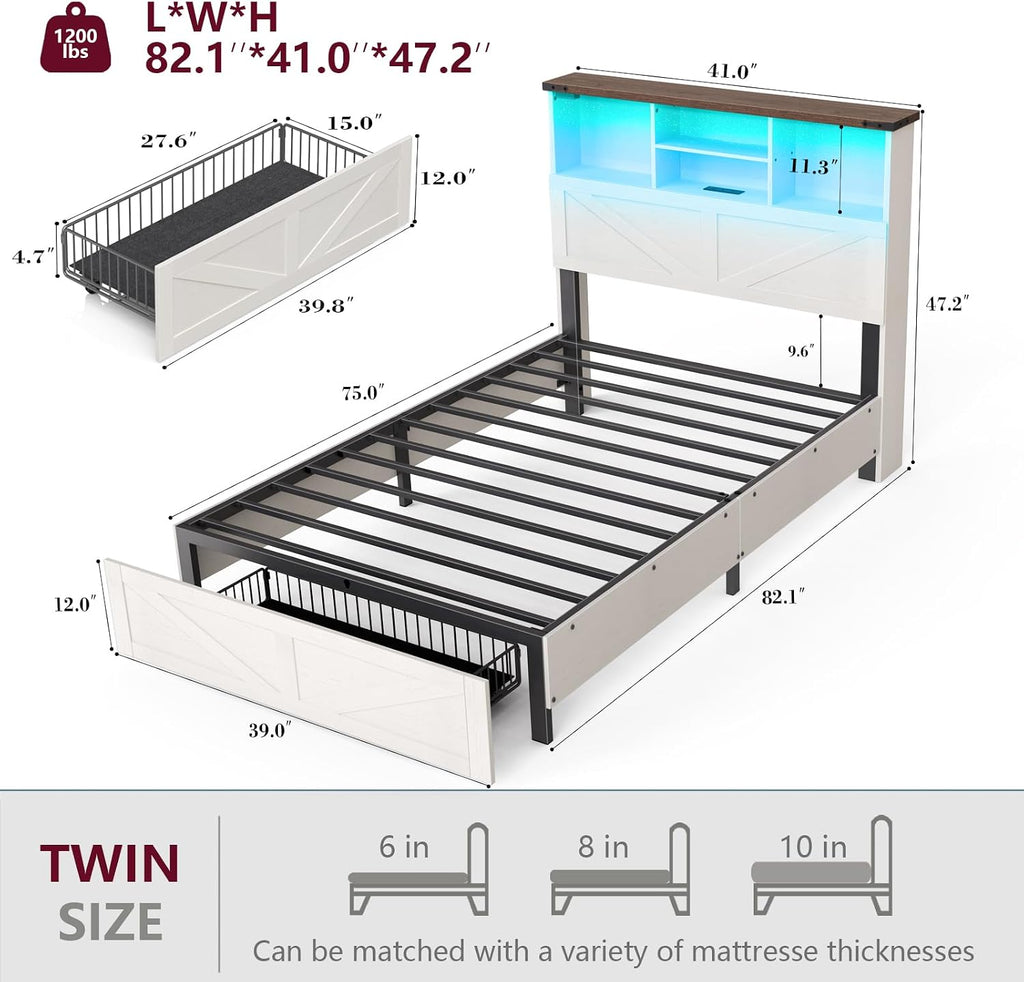 ROCHECASA Twin Bed Frame with Bookshelf, Bookcase High Headboard with Charging Station and LED Light, Farmhouse Bed with Storage Drawers, No Box Spring Needed, Noise Free, Easy Assembly, Antique White
